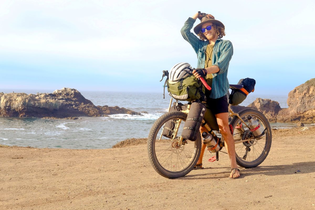 Brad touring the coast with Buoy Bags up front